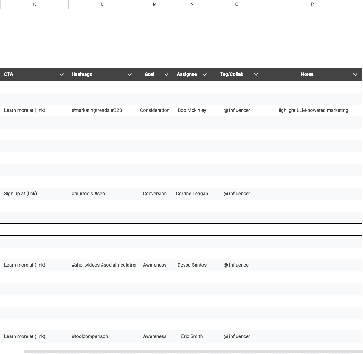 IG Content Planner: Fill out columns including CTA 