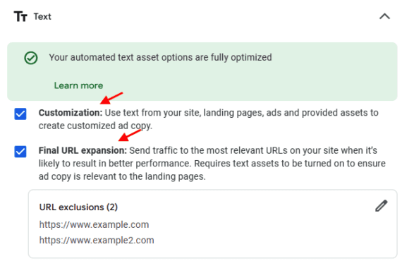 Google Ads admin panel showing automated text asset options. Customization and Final URL Expansion toggles are enabled, with two URL exclusions listed: example.com and example2.com.