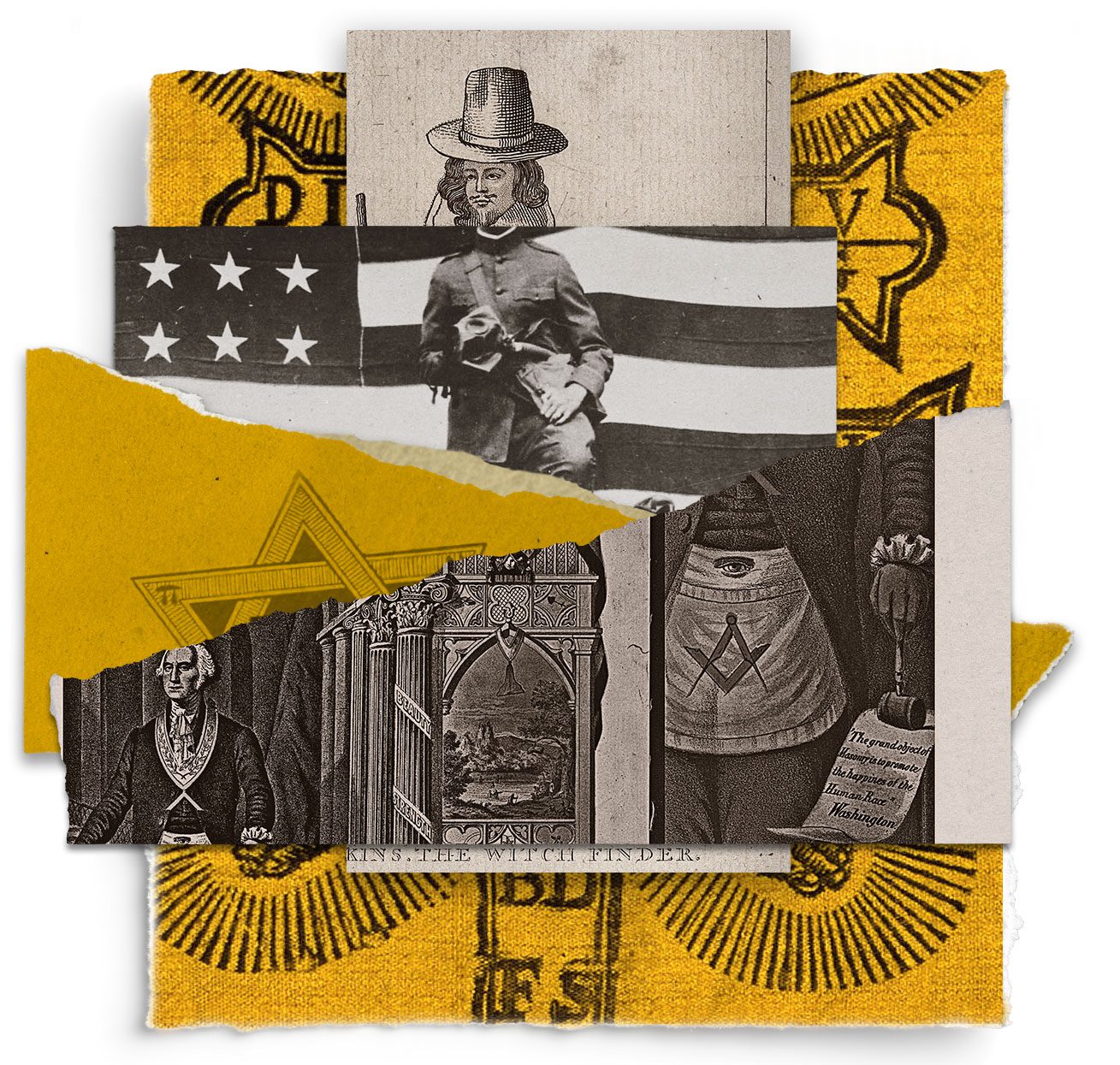 esoteric symbols and figures on torn paper including a witchfinder, George Washington and a Civil war era solder