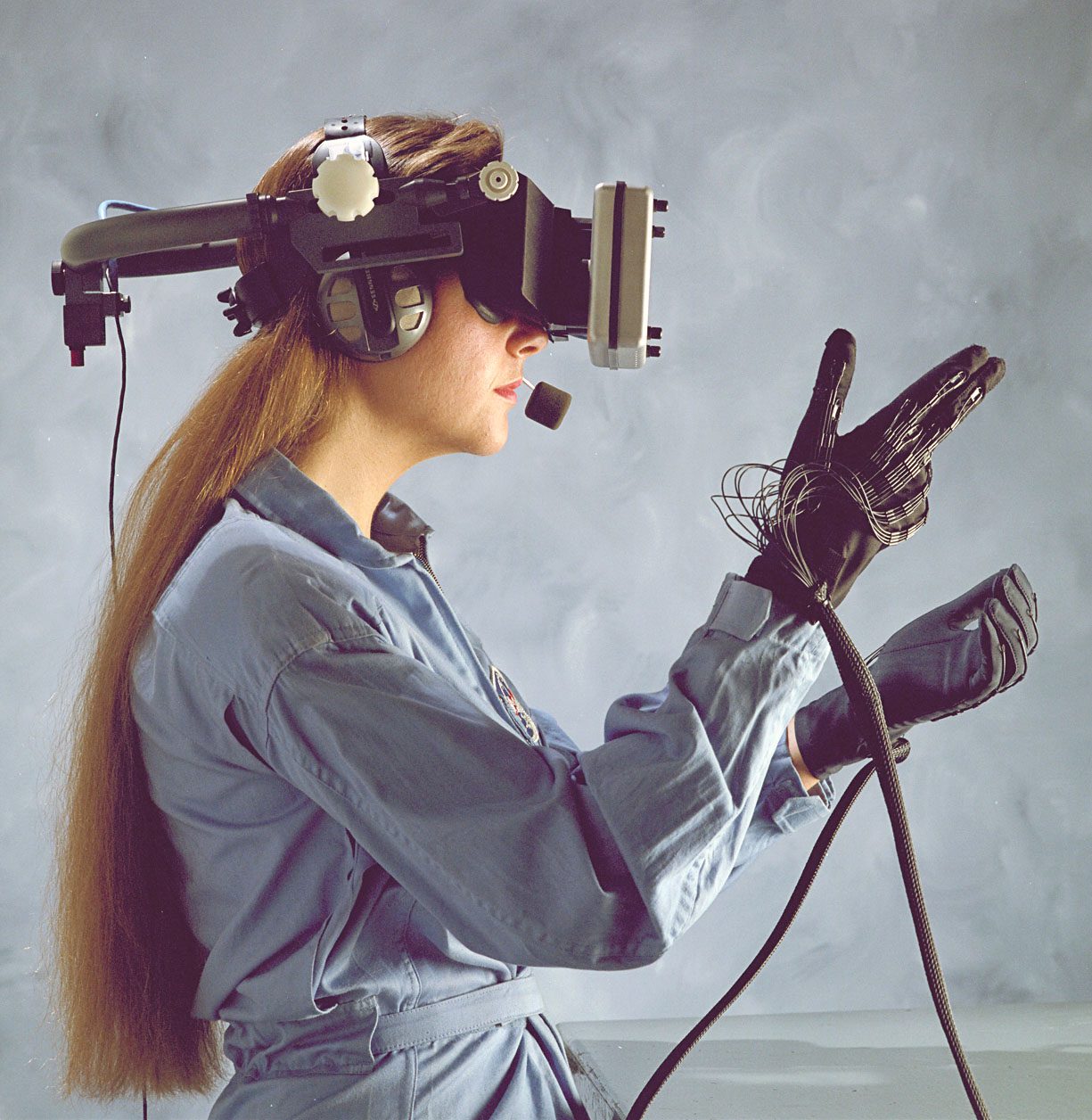 person in an early VR suit