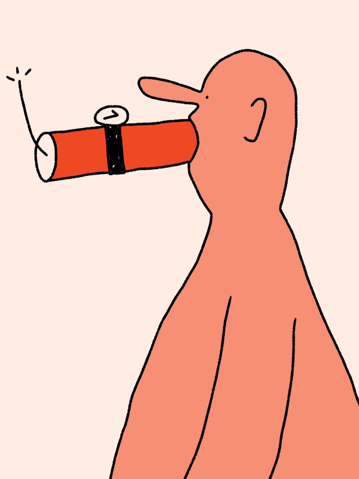 cartoon man in profile with a stick of a wrist watch around a lit stick of dynamite in his mouth
