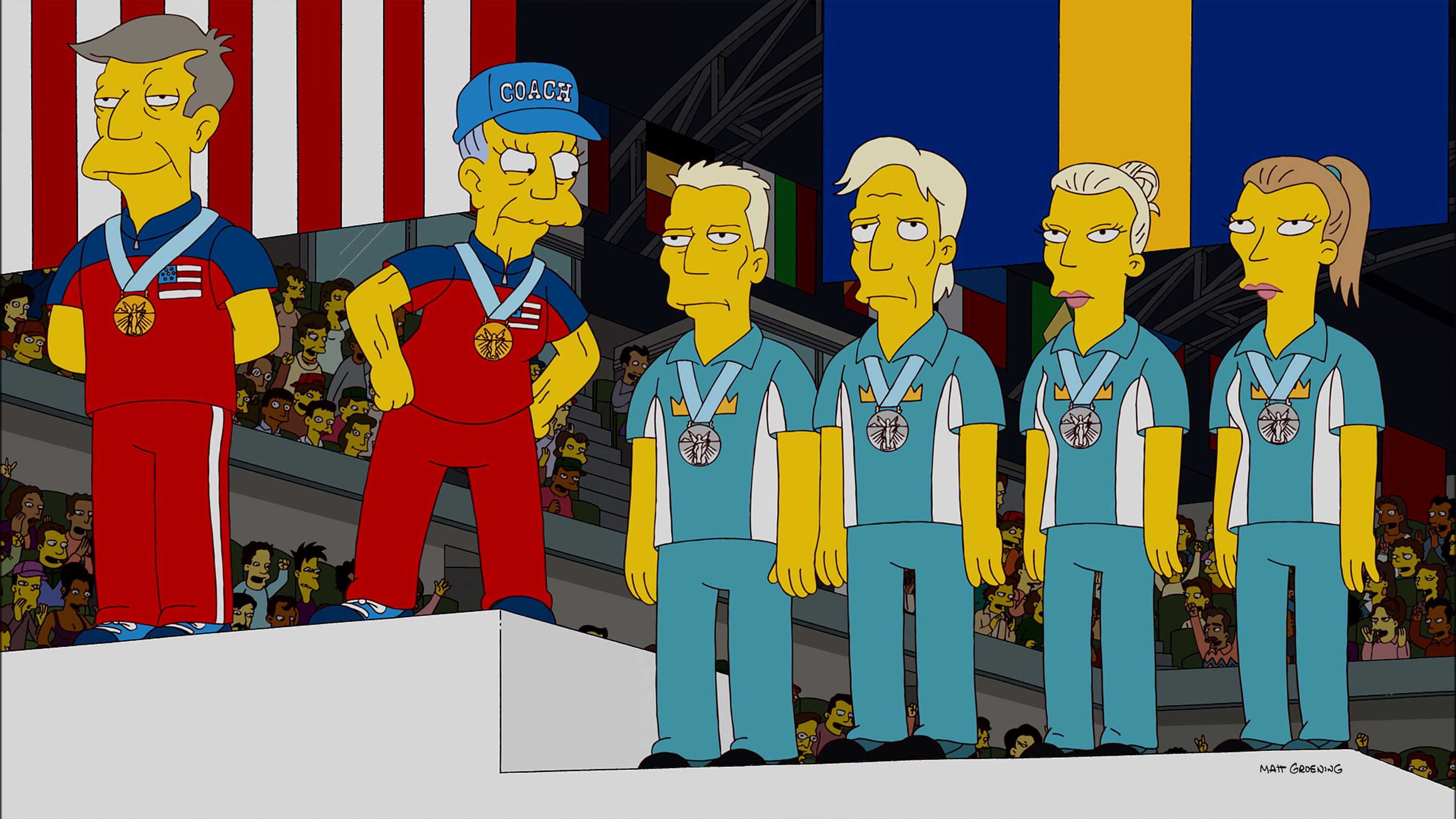 still frame from The Simpson where Principal Skinner's mother stands next to him on the Olympic podium and leans to heckle the Swedish curling team