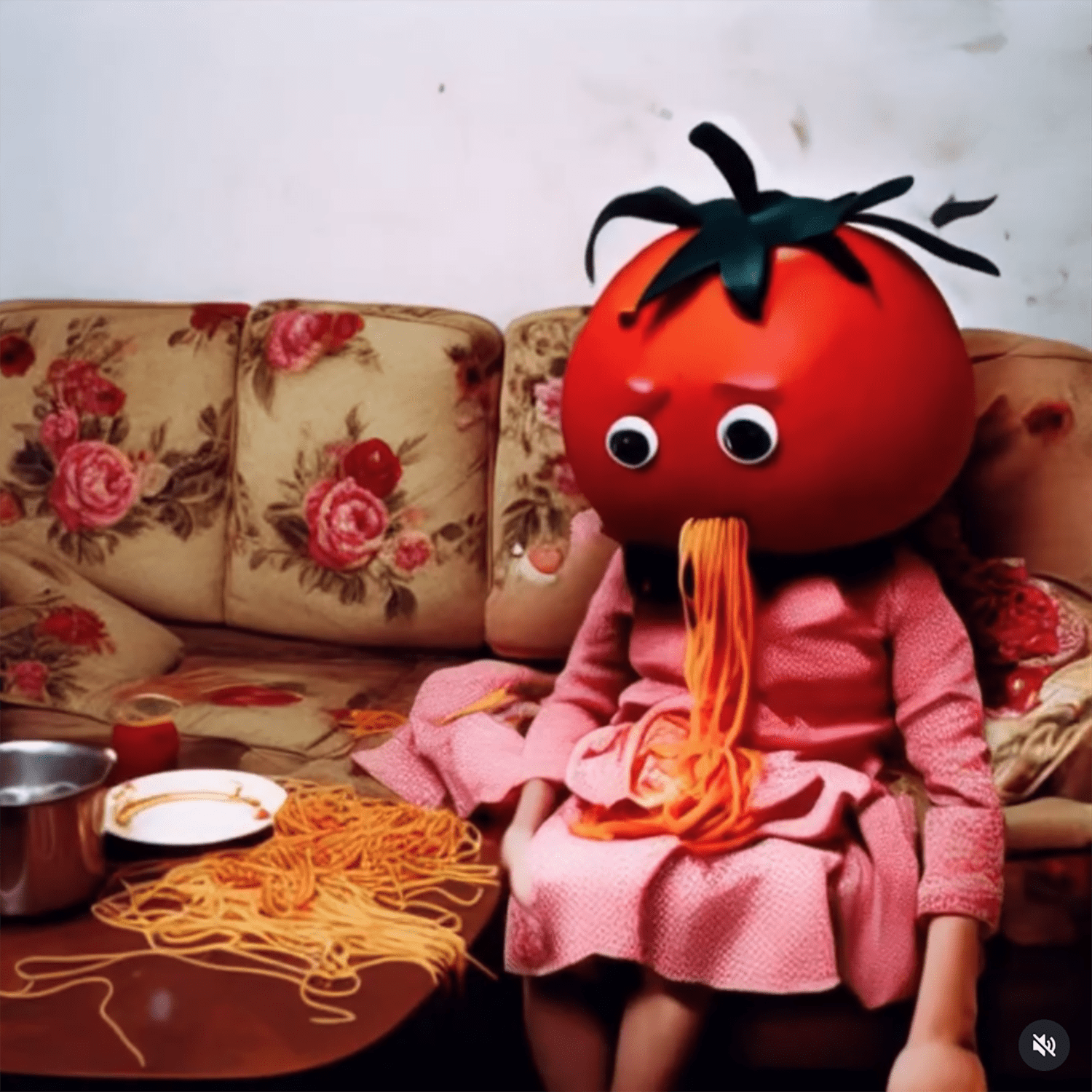 ai-generated tomato head character vomits spaghetti onto its lap as it sits on a sofa