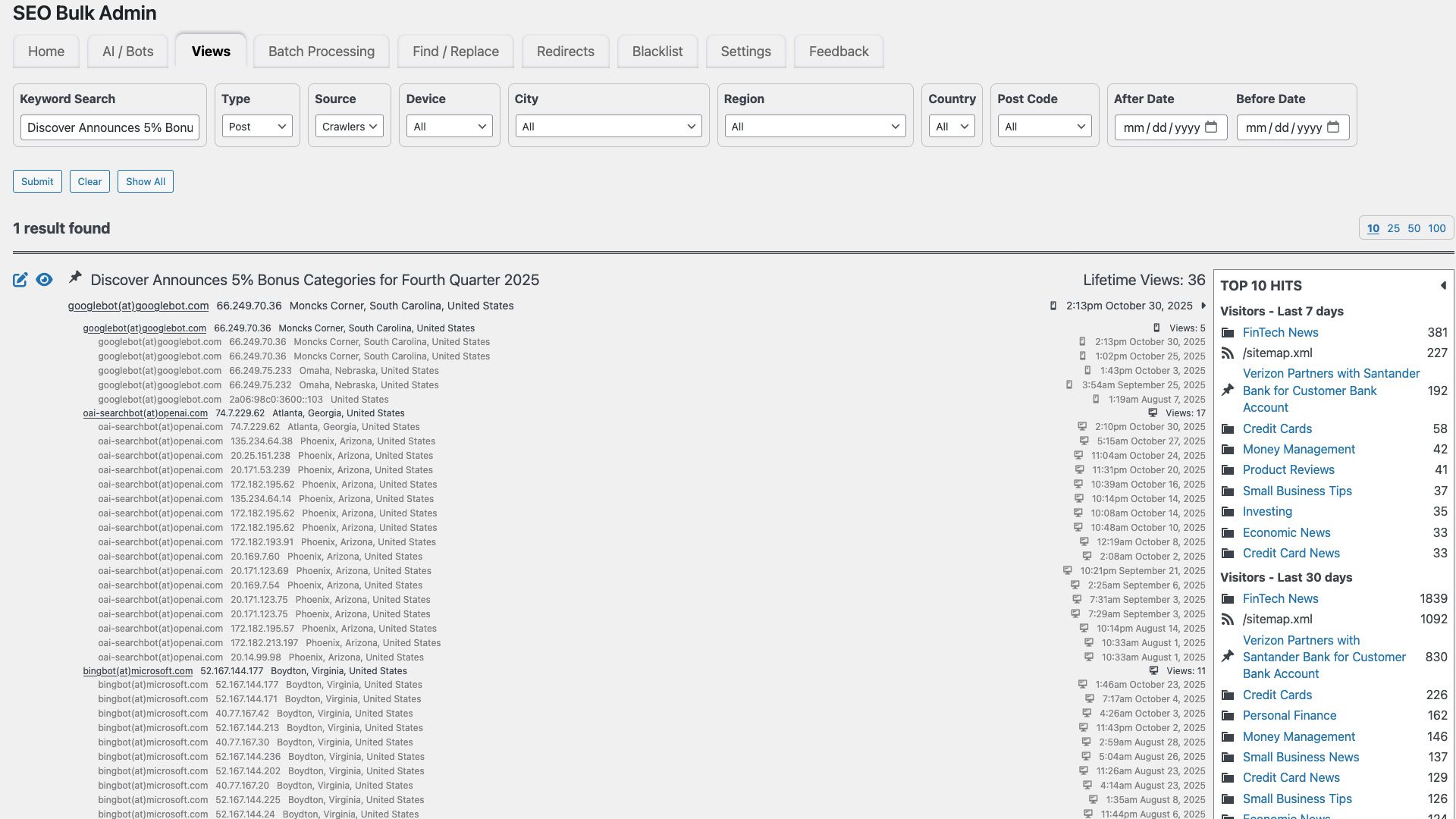 Screenshot of SEO Bulk Admin Page Level Crawler Activity