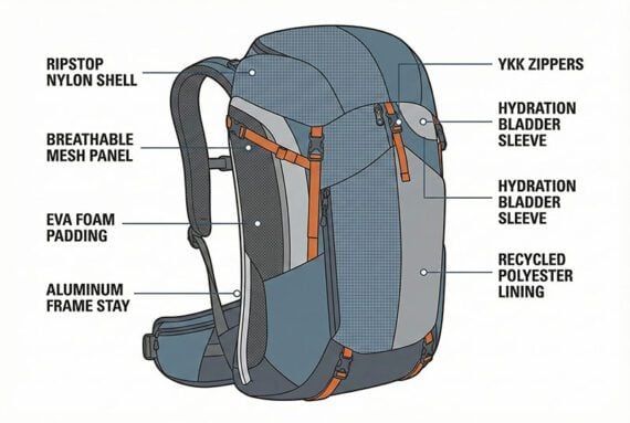 Illustration of a backpack with highlights of its materials.