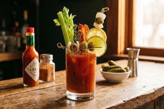 Photo of a Bloody Mary with various garnishes on a bar