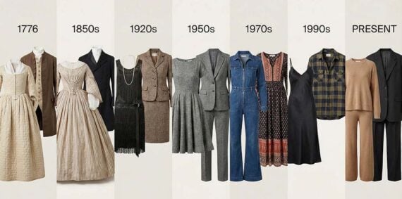 Collage of seven images showing apparel from 1776 to present. 