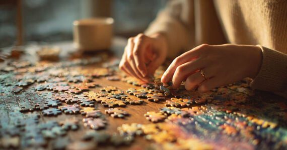 Photo of human hands assembling a jigsaw puzzle on a table