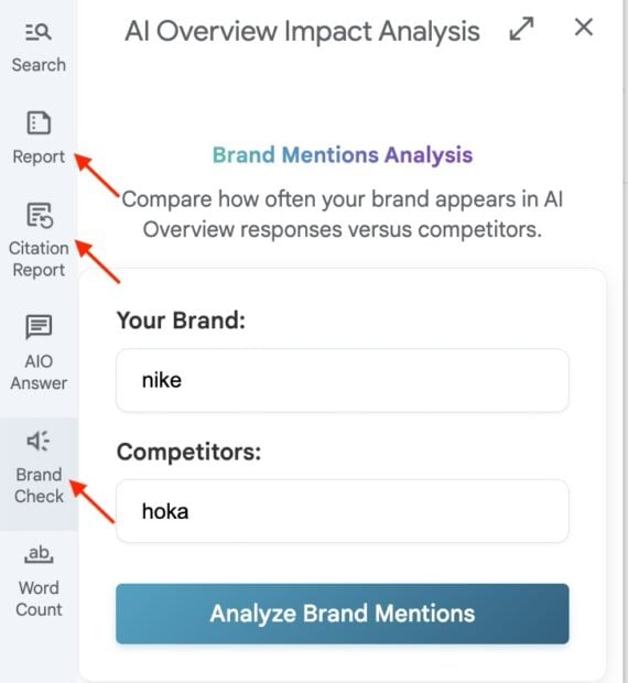 Screenshot of a Brand Check analysis Dashboard sidebar and AI Overview Impact Analysis panel. The left sidebar displays menu items including Search, Report, Citation Report, AIO Answer, Brand Check, and Word Count. The main panel shows a Brand Mentions Analysis tool with fields for ‘Your Brand’ filled in as ‘nike’ and ‘Competitors’ filled in as ‘hoka.’ A blue button labeled ‘Analyze Brand Mentions’ appears below the inputs. A Brand Mentions Summary table lists total mentions and keyword coverage for the user’s brand versus competitors.