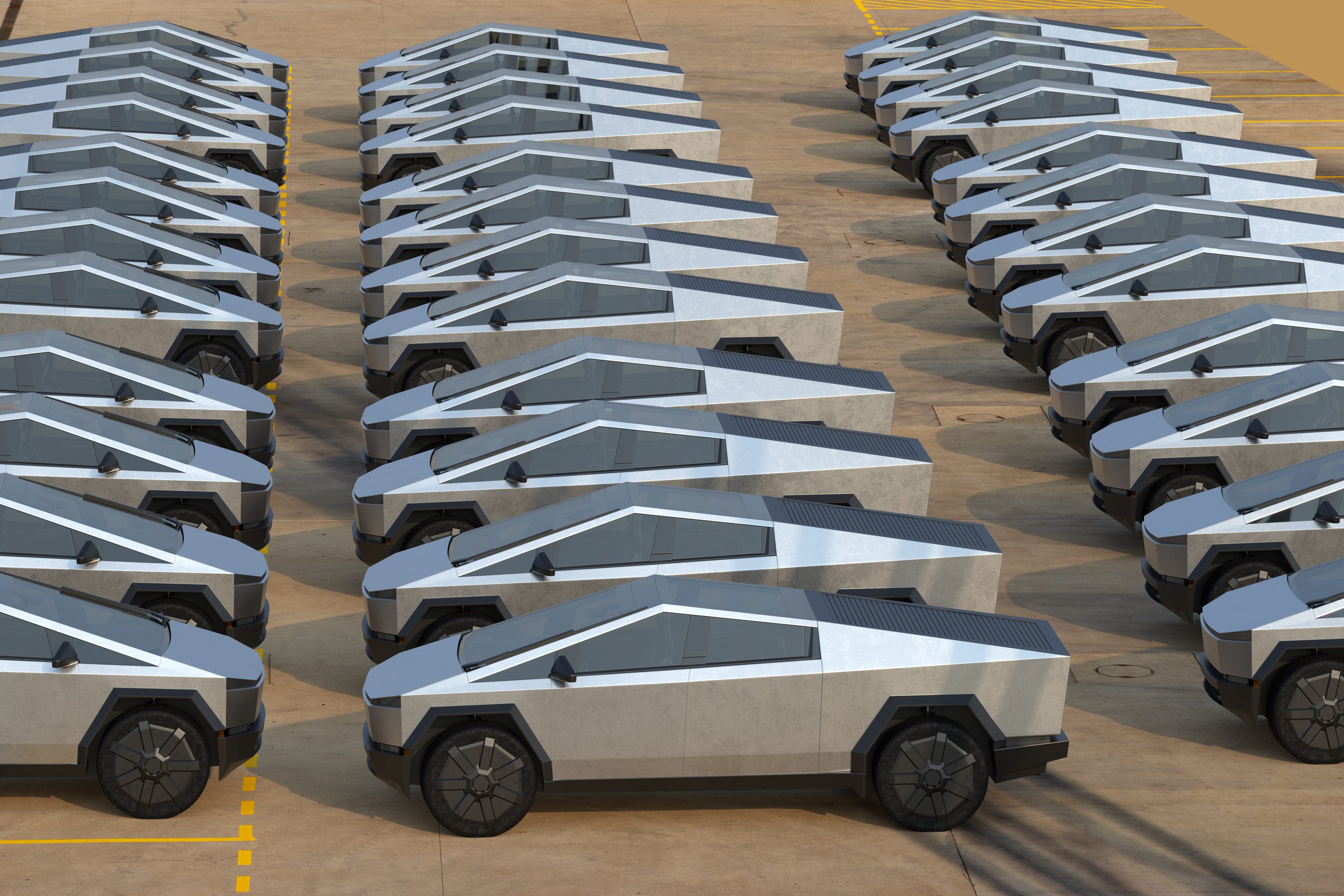 Tesla Cybertruck-rows of new cars in port