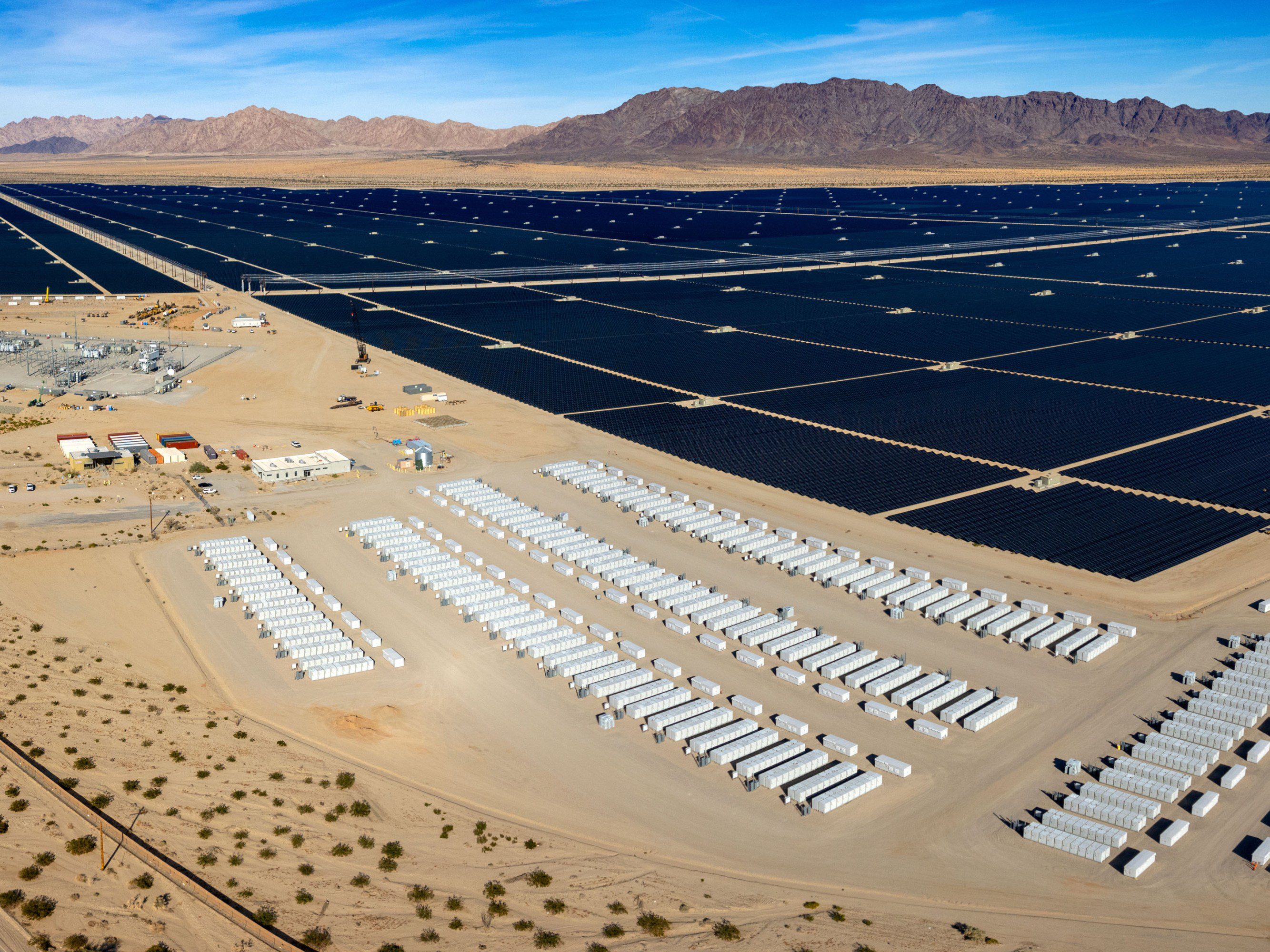 Aerial view of solar power and battery storage units in the desert