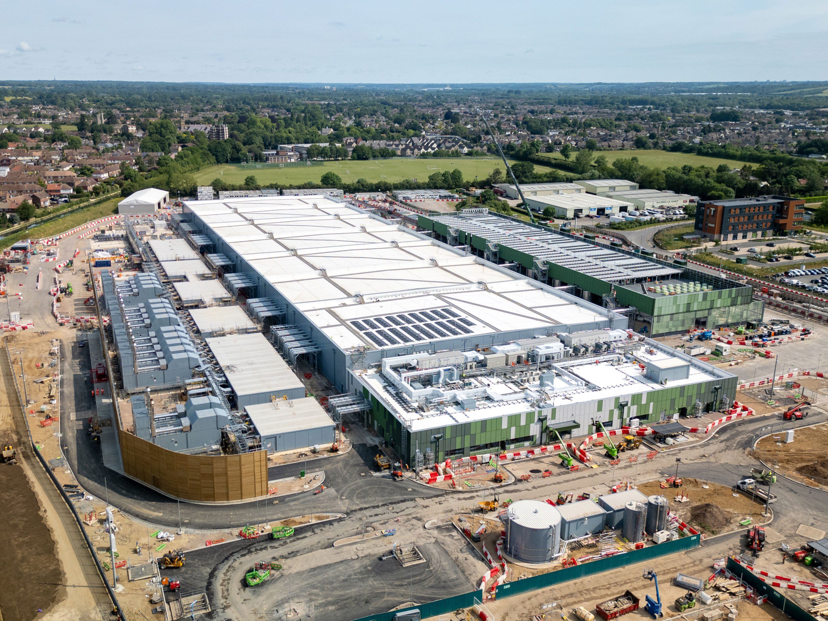Aerial view of a large Google Data Centre being built in Cheshunt, Hertfordshire, UK