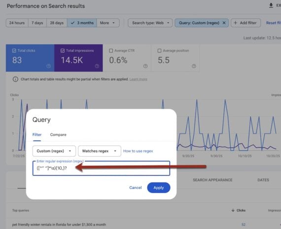 Screenshot of the regex dialog in Search Console