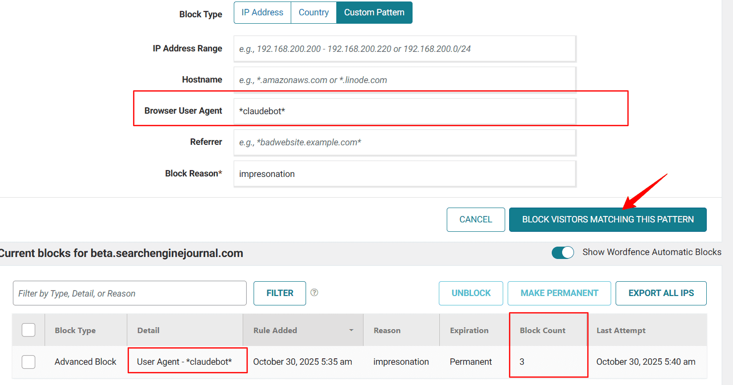 Block User agent setting in Wordfance