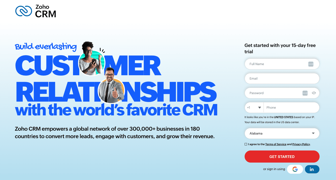 landing page example for Zoho CRM