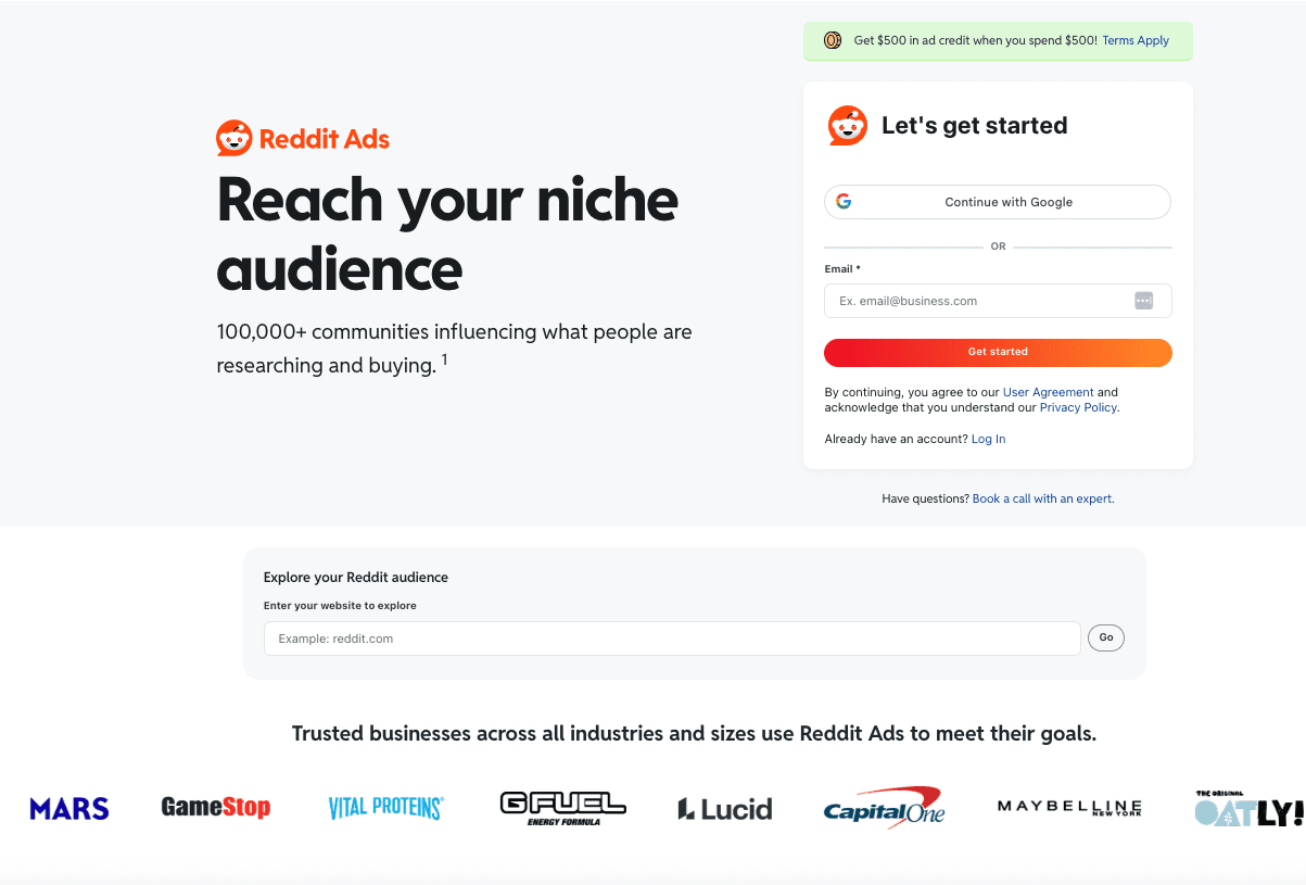 Redit Ads landing page showing social proof