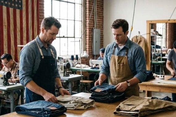 Two males in a factory-setting making apparel