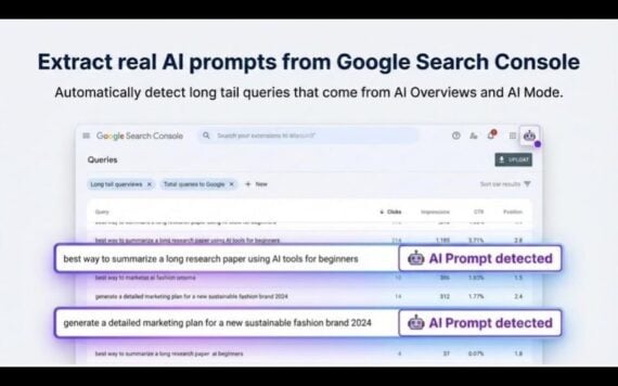 Screenshot from Find Real Prompts of Google Search Console queries with highlighted long-tail searches labeled “AI Prompt detected,” showing examples such as “best way to summarize a long research paper using AI tools for beginners.”