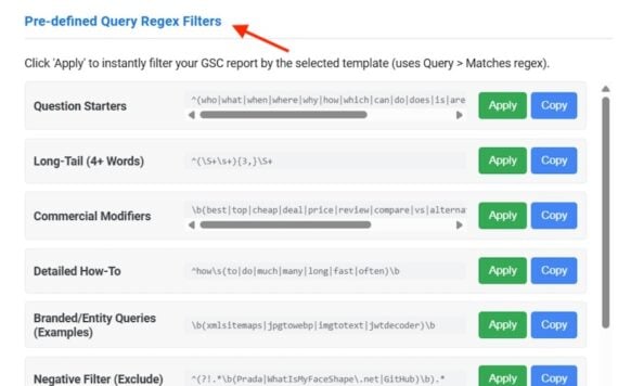 Interface screenshot of Google Search Console Enhancer displaying pre-defined Search Console regex filters, including options for question starters, long-tail queries, commercial modifiers, and how-to searches, each with Apply and Copy buttons.