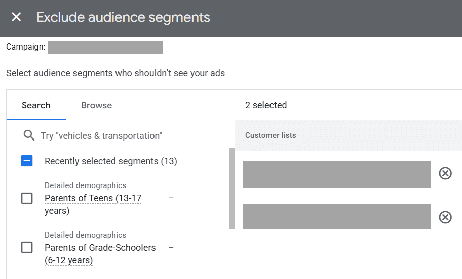 Excluding audience segments in Google Ads campaigns.