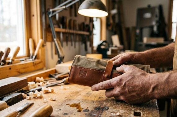 AI image of a man at a workbench making a leather product