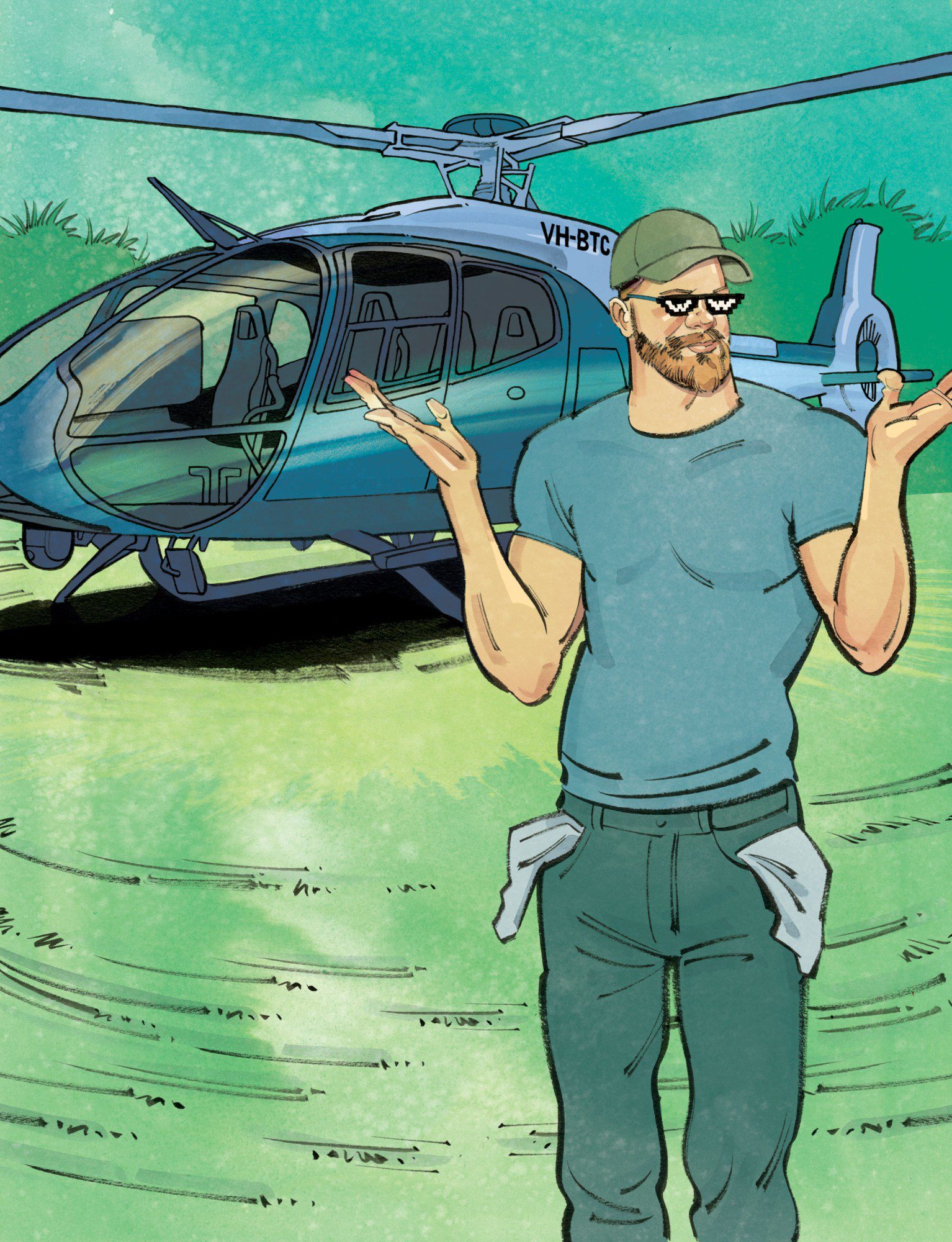 a character with his pockets turned out shrugs next to his helicopter while wearing meme sunglasses