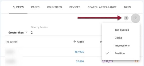 Screenshot of a Performance report showing a filter only on position 1. 