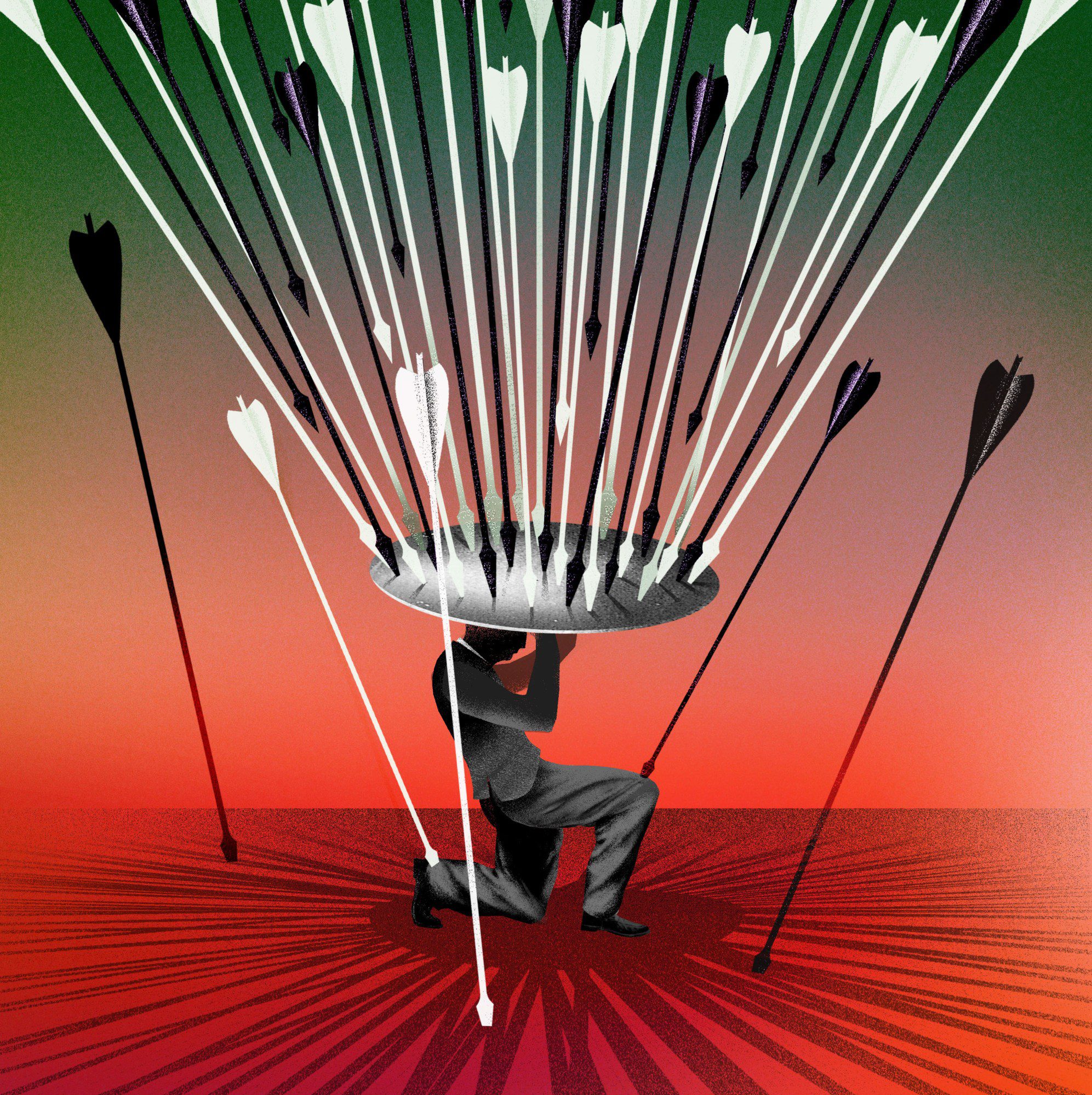 person kneeling warding off an attack of arrows under a sheild