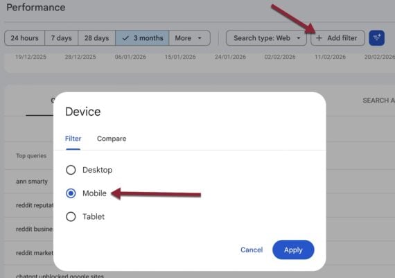 Screenshot in Search Console of performance by device.