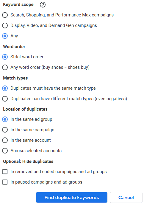Duplicate keyword tool in Google Ads Editor.