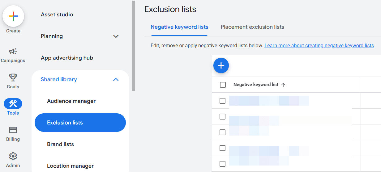 Where to find negative keyword lists in Google Ads interface.