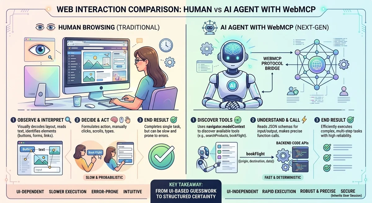Infographic comparing traditional human web browsing to AI agent interaction using the WebMCP protocol.