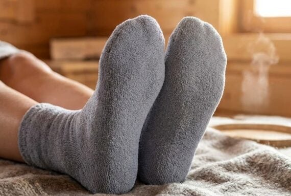 Image of socks on human feet next to rising steam