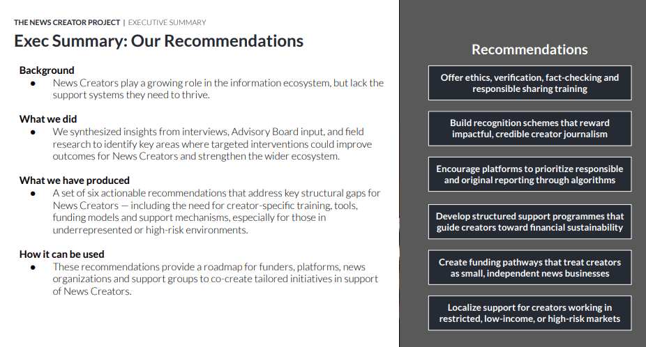Recommendations slide from the FT Strategies x WAN IFRA News Creator Project