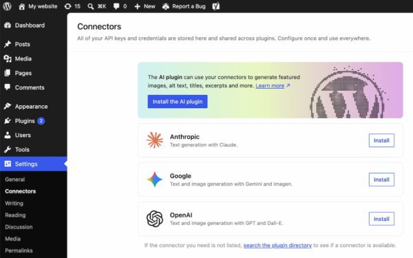 Connectors settings in WordPress 7.0