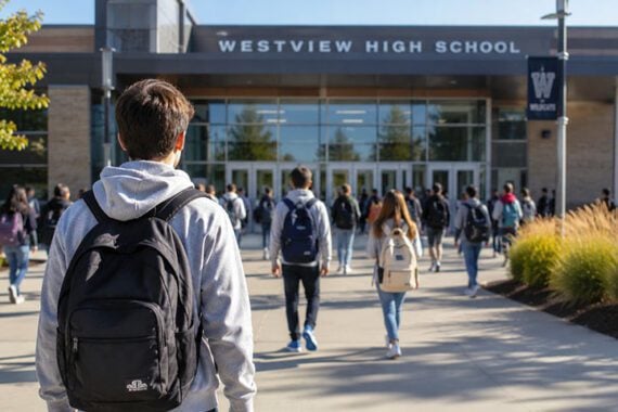 Photo of students entering a school