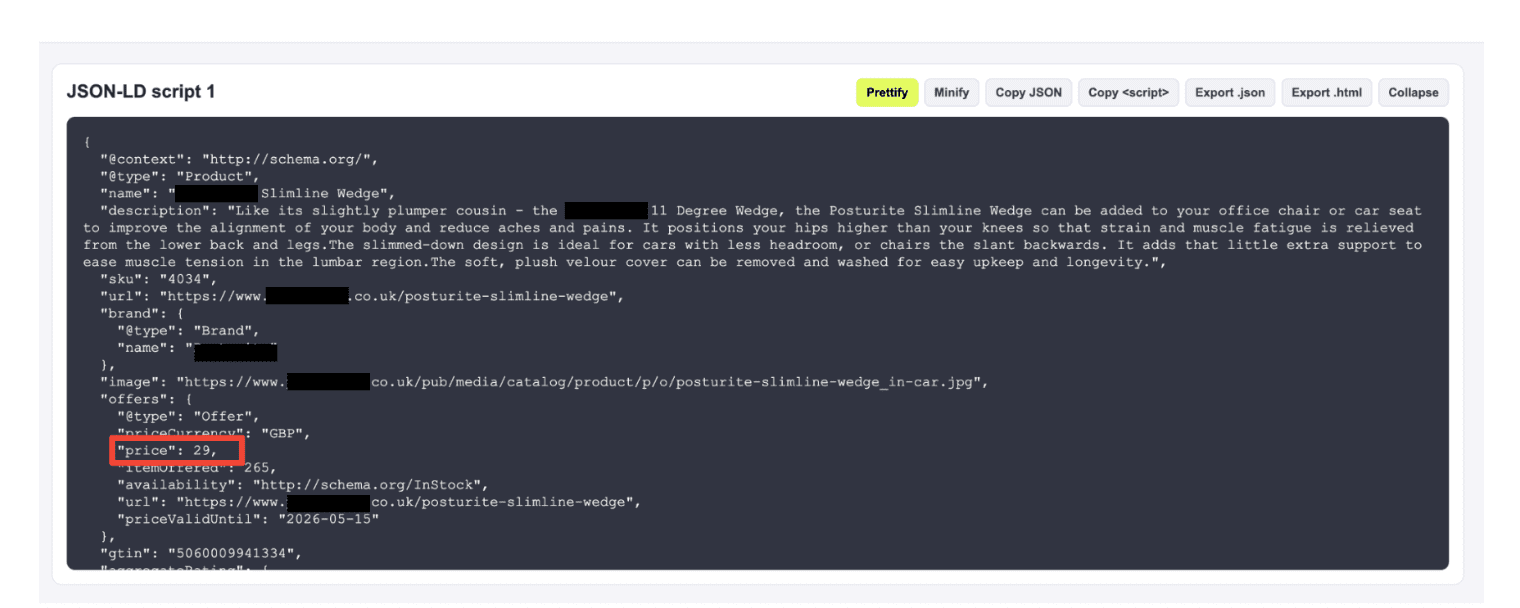 The schema markup on the same product page, outputting an ex-VAT price of £29 — the figure Google used to overwrite the feed via automatic item updates.
