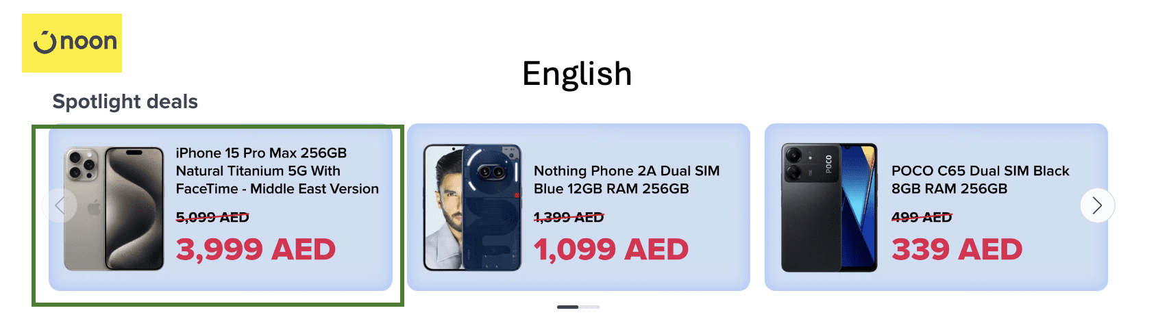 English version of Noon spotlight deals carousel displaying smartphone promotions with product images and discounted prices arranged left-to-right.